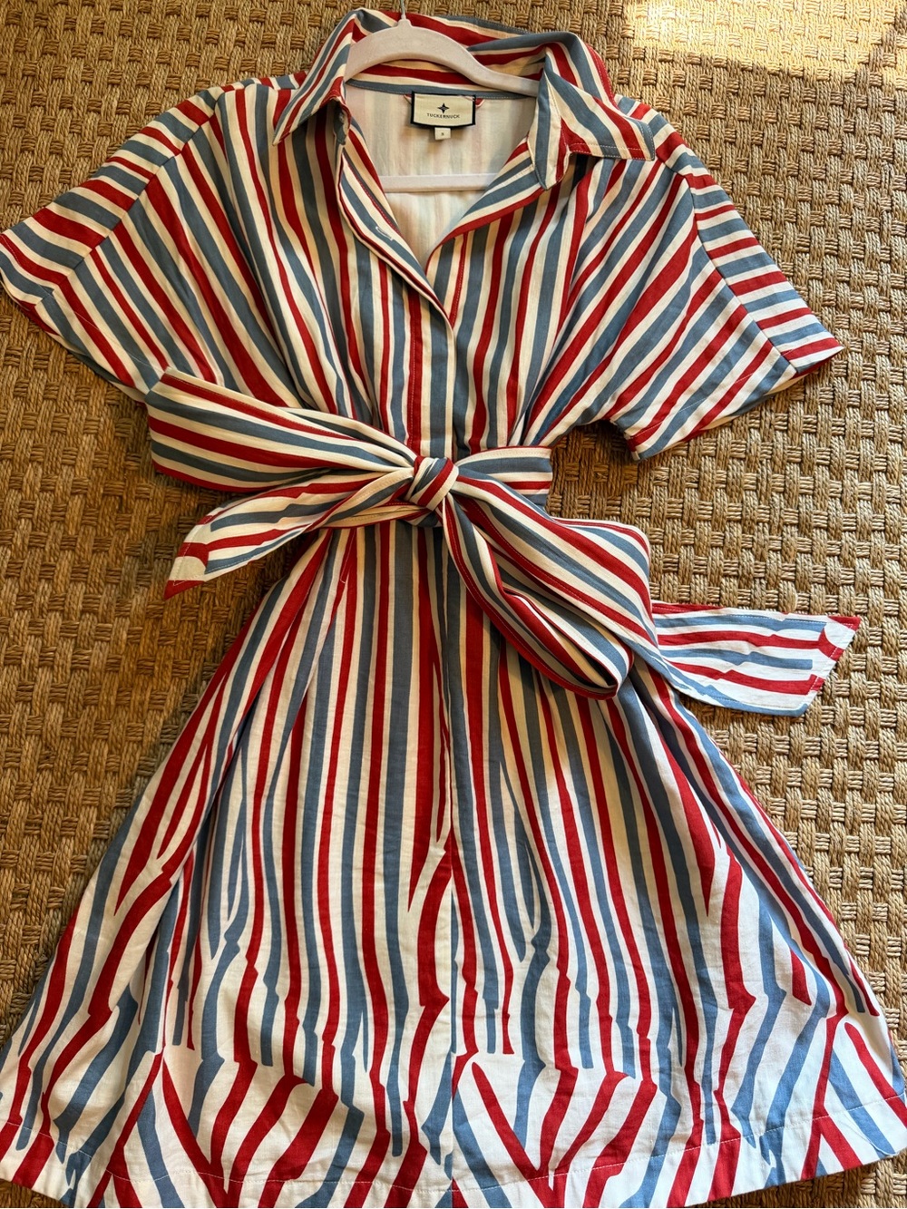 Tukernuck Red, Blue & White Striped Shirt Dress with Tie Waist
